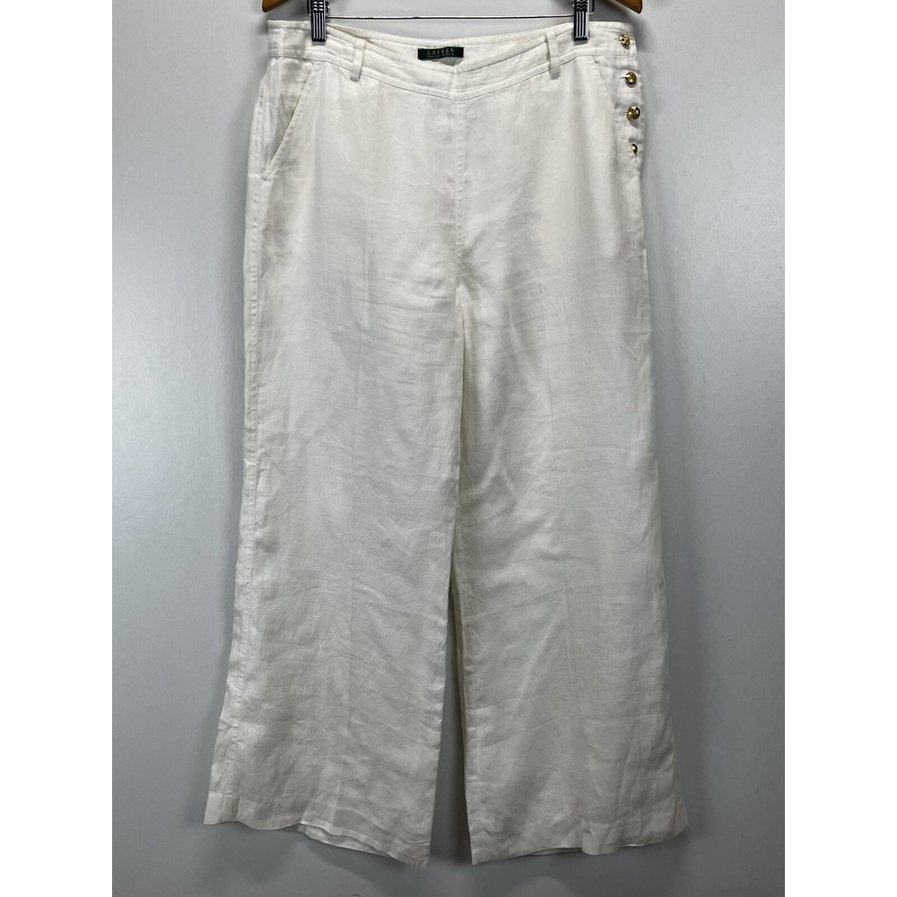 Women Lauren Ralph Lauren 100% Linen Wide Leg Pants 12 Gold Buttons White Lined